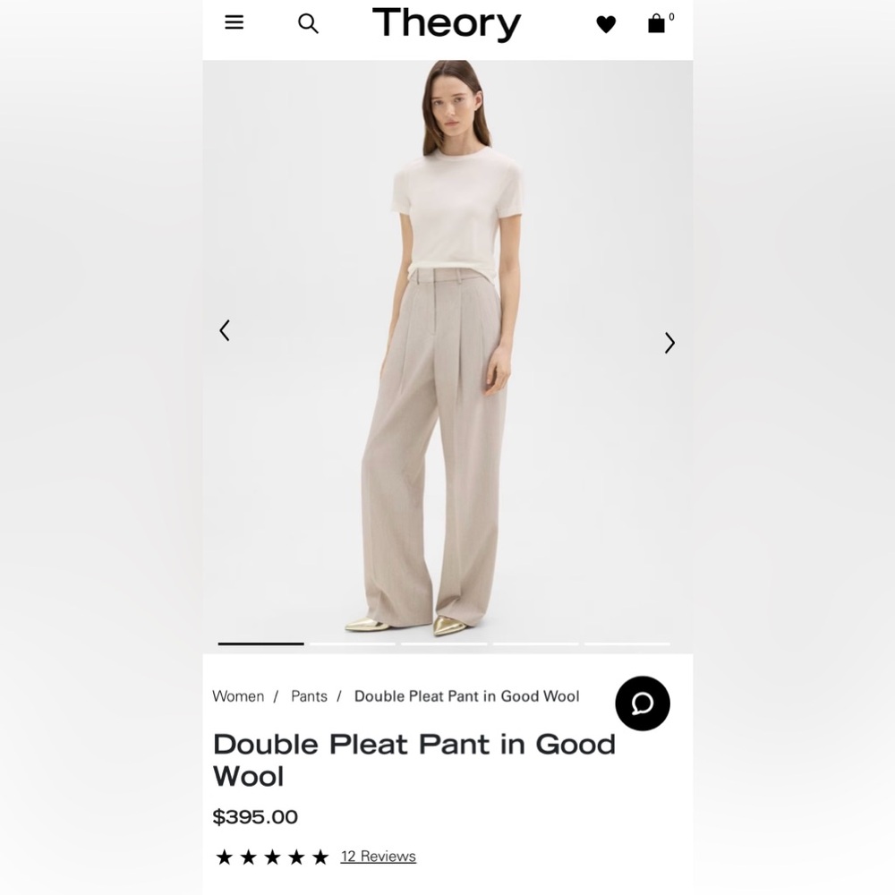 THEORY Double Pleat Wide Leg Pant in Good Wool. Size 2